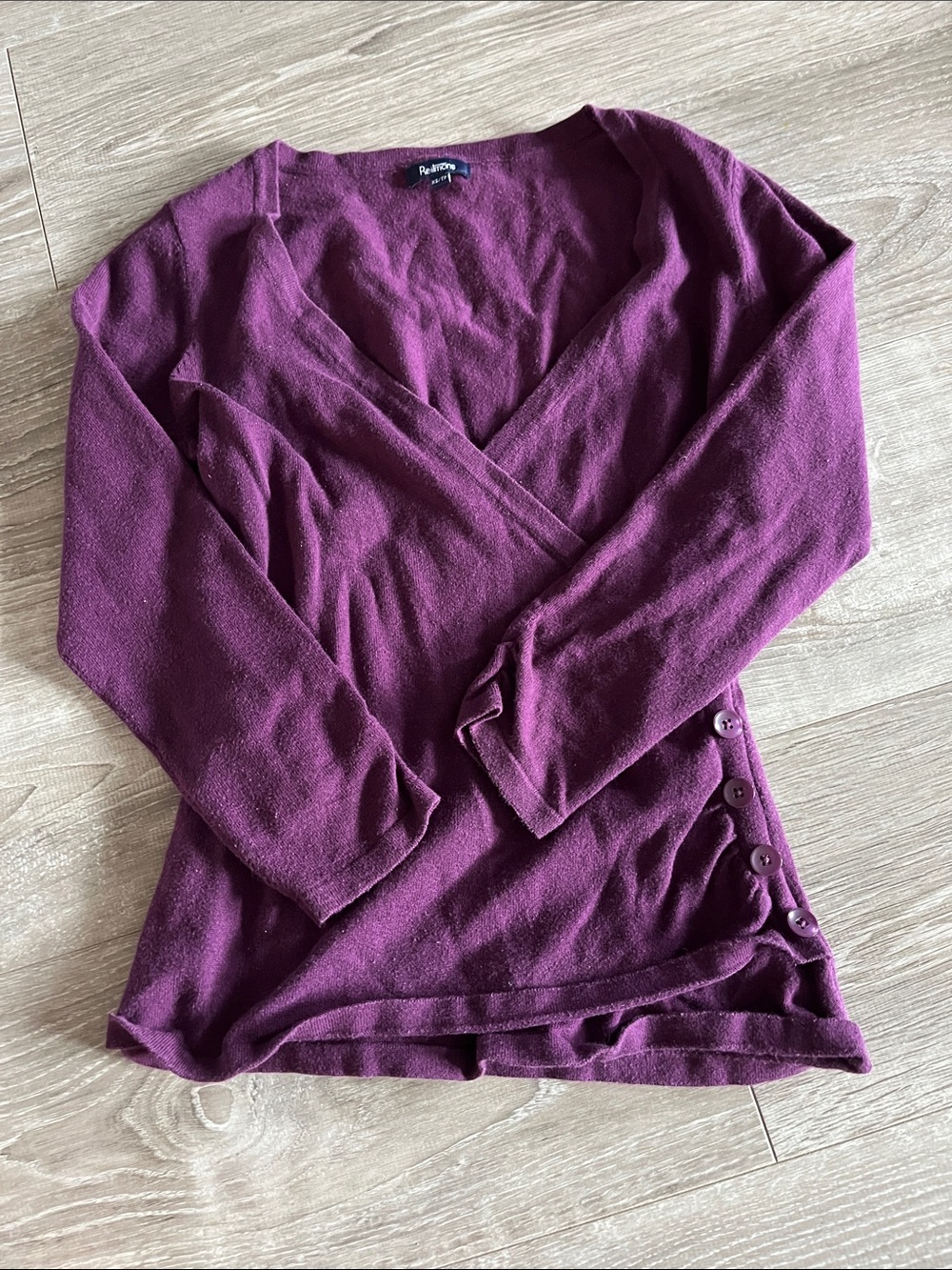 Reitmans XS Magenta Plum Wrap Knit sweater with gathered Side Button Detail